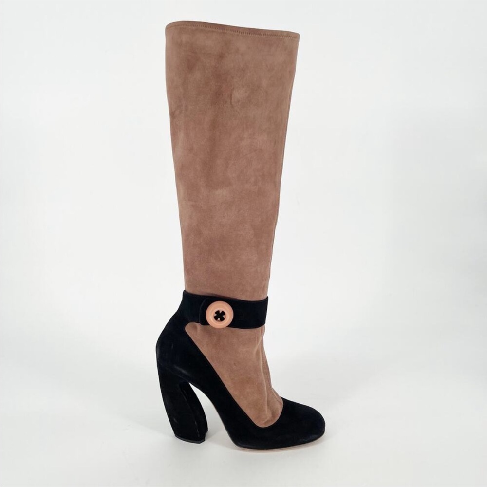 Prada Runway Knee High Suede Blush Pink Black High Heels Sock Boot Trompe L'oeil - Picture 2 of 14